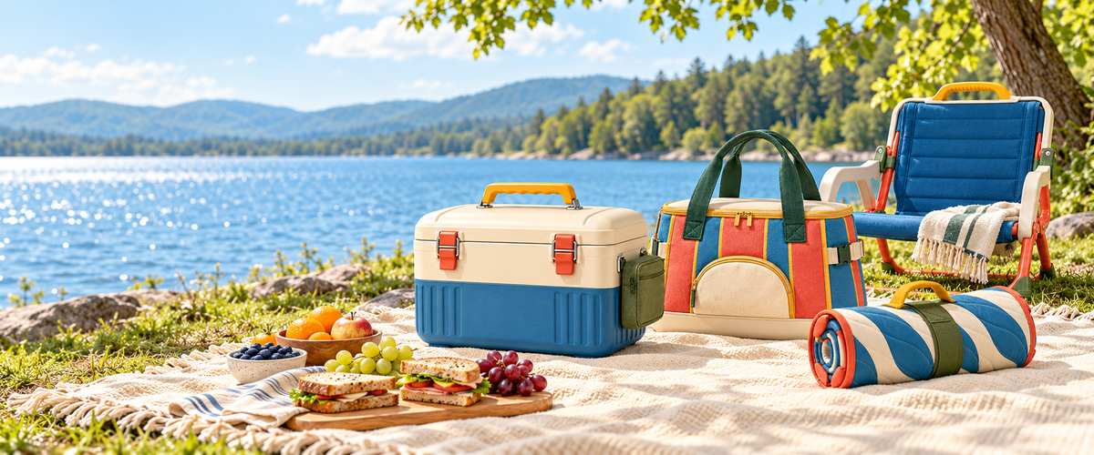 Loravic picnic cooler, tote, chair and blanket beside a lake