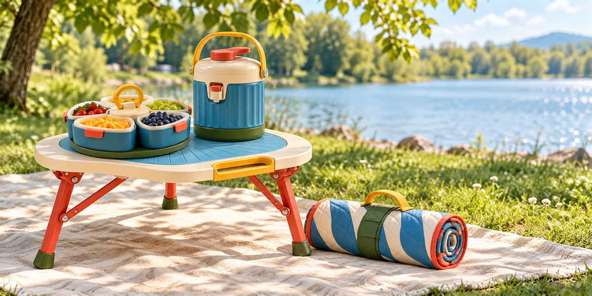 Loravic picnic table with beverage dispenser and serving containers by a lake