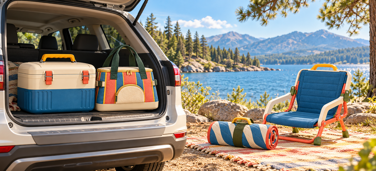 Loravic picnic gear packed for a lakeside road trip